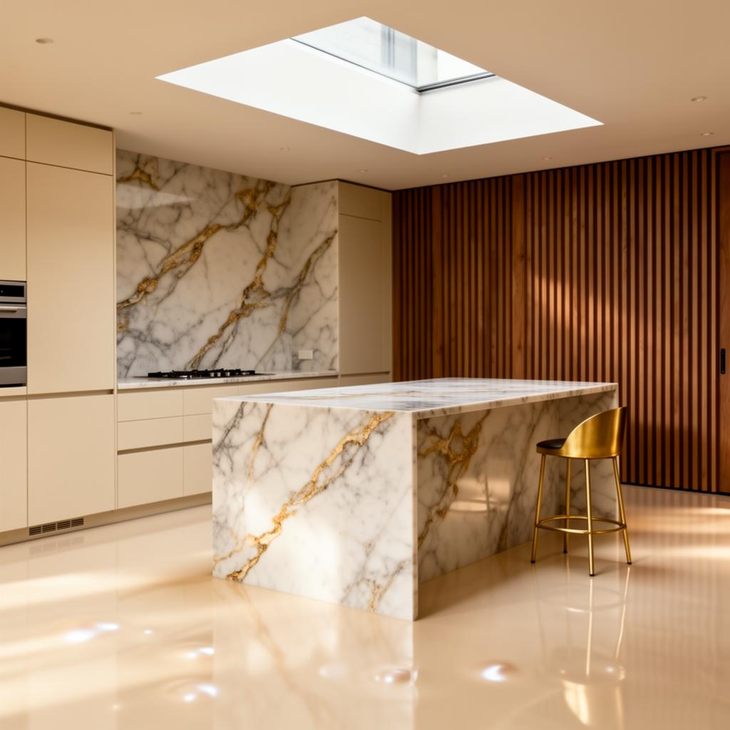 Seamless cream poured resin floor flowing under a marble waterfall island — no joints, no transitions