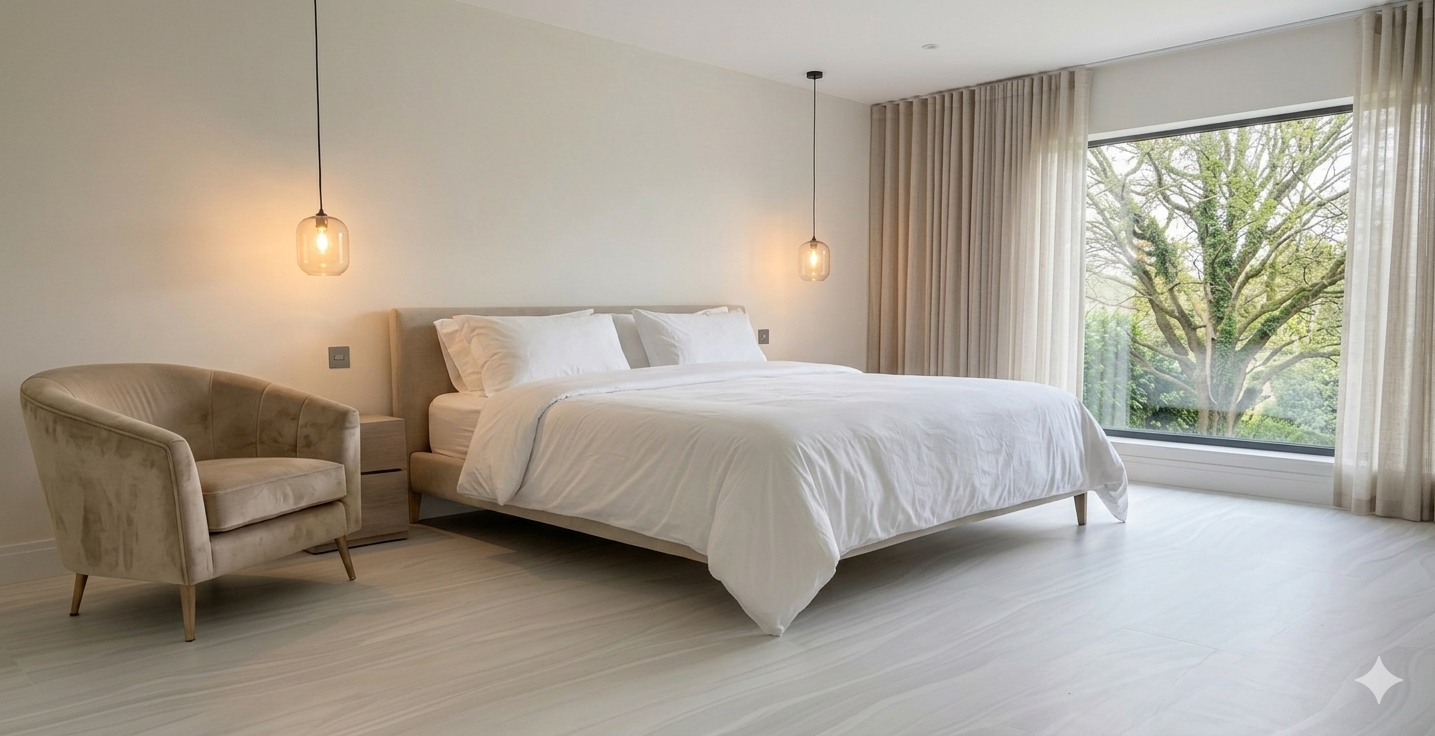 Soft pearl PU comfort resin floor in a serene master bedroom