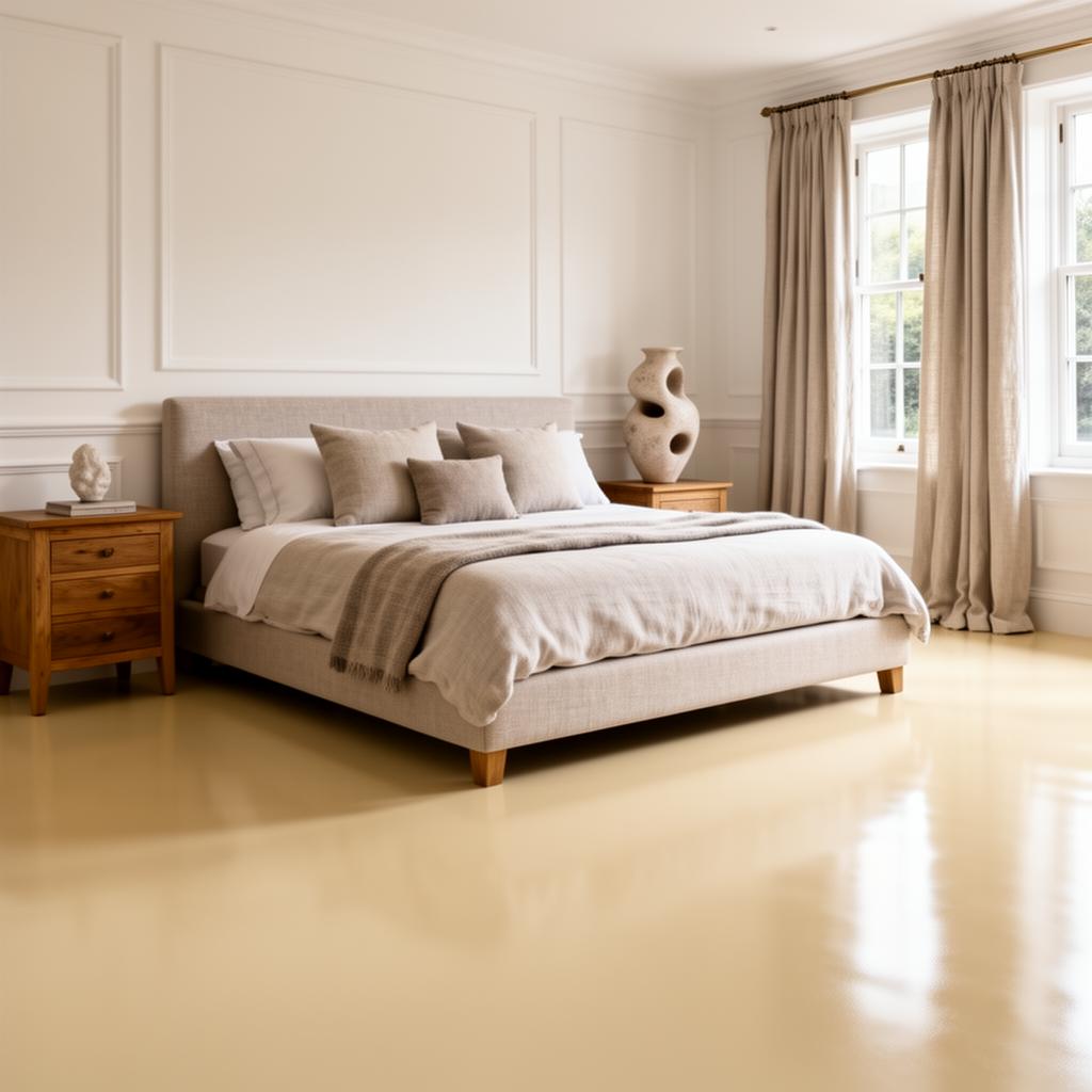 Soft cream matt PU resin floor in serene luxury master bedroom