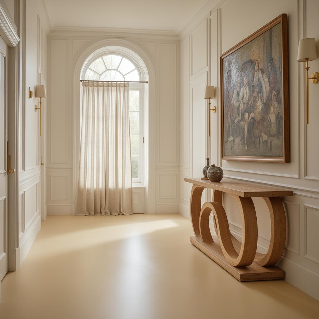 Soft cream matt PU resin floor in panelled luxury entrance hallway