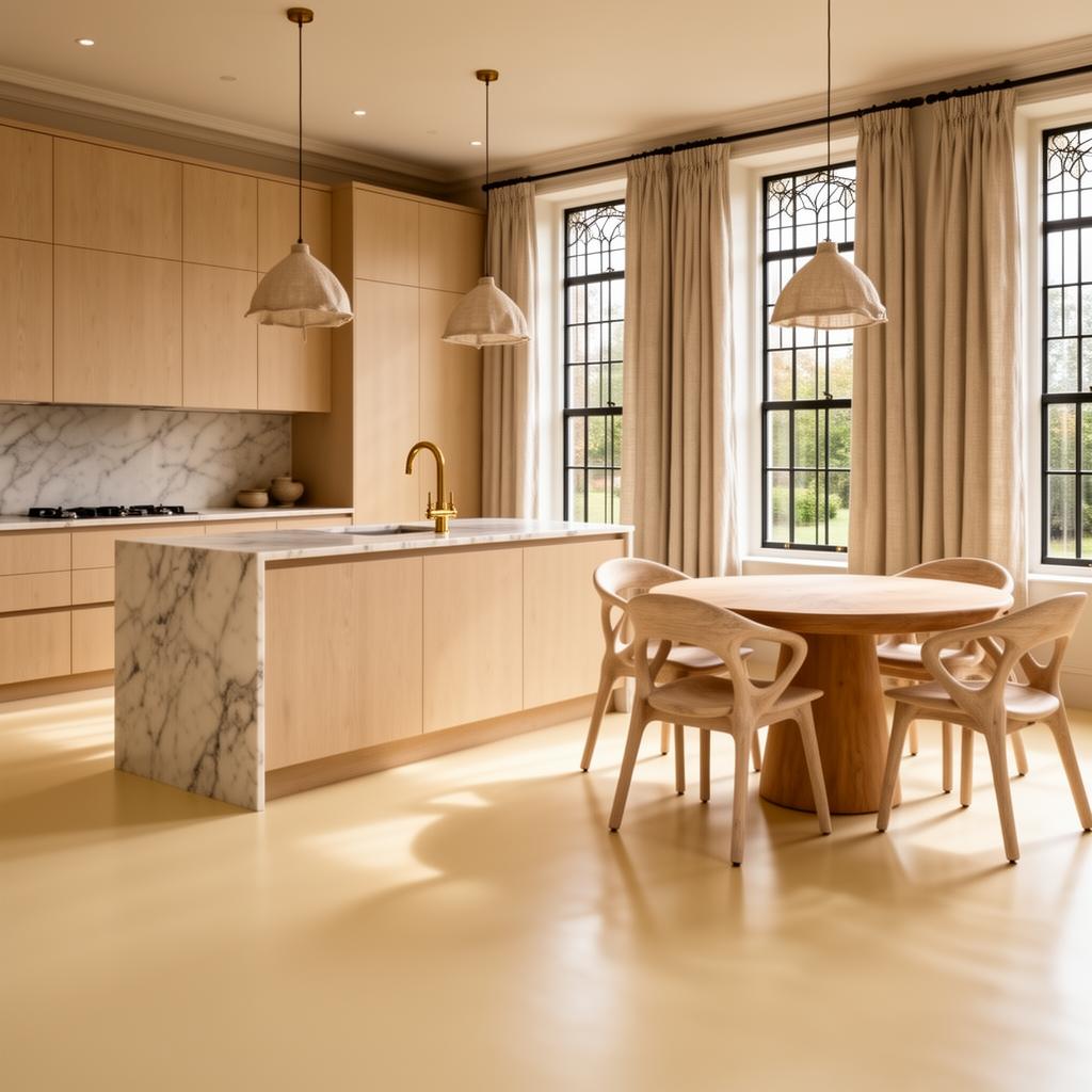 Soft cream matt PU resin floor in luxury kitchen-diner with marble island