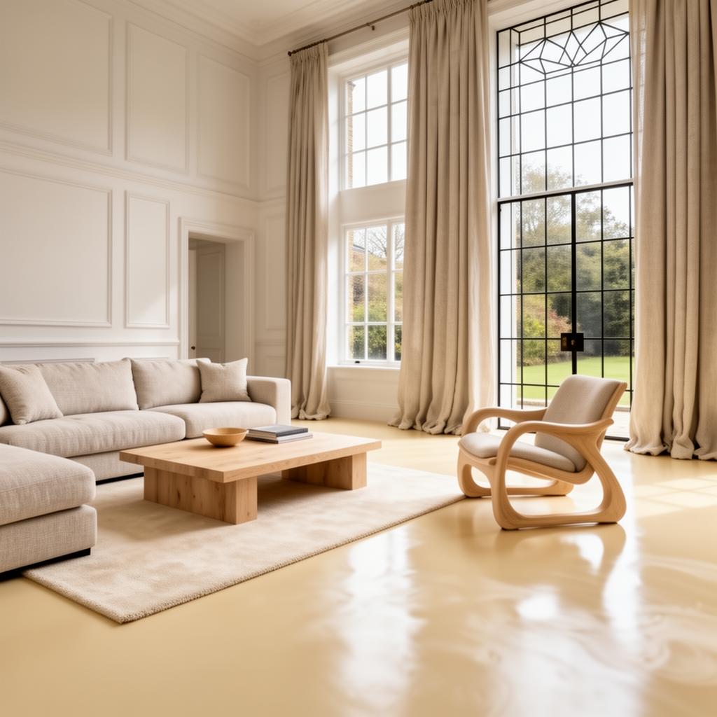 Soft cream matt PU resin floor in luxury British show-home living room