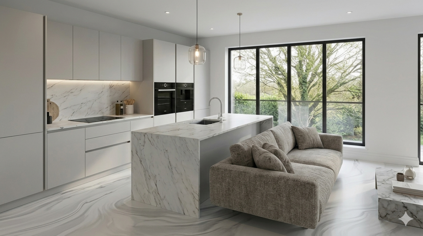 Mirror-finish pearl Auto Comfort floor in a luxury kitchen with shaker island