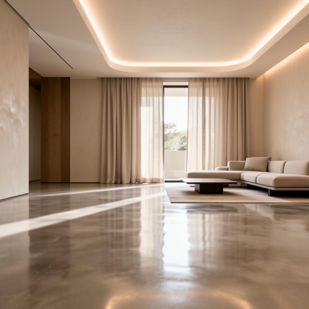 Polished concrete luxury floor with soft natural tones in a serene contemporary living space