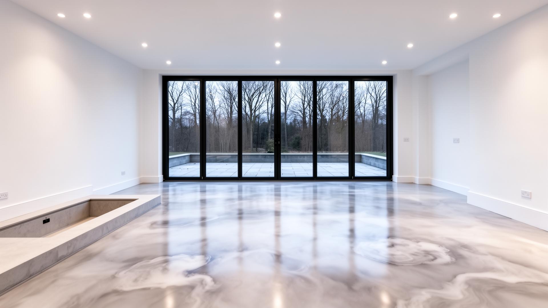 Premium new-build open-plan lounge with seamless poured resin floor and full-width bifold doors